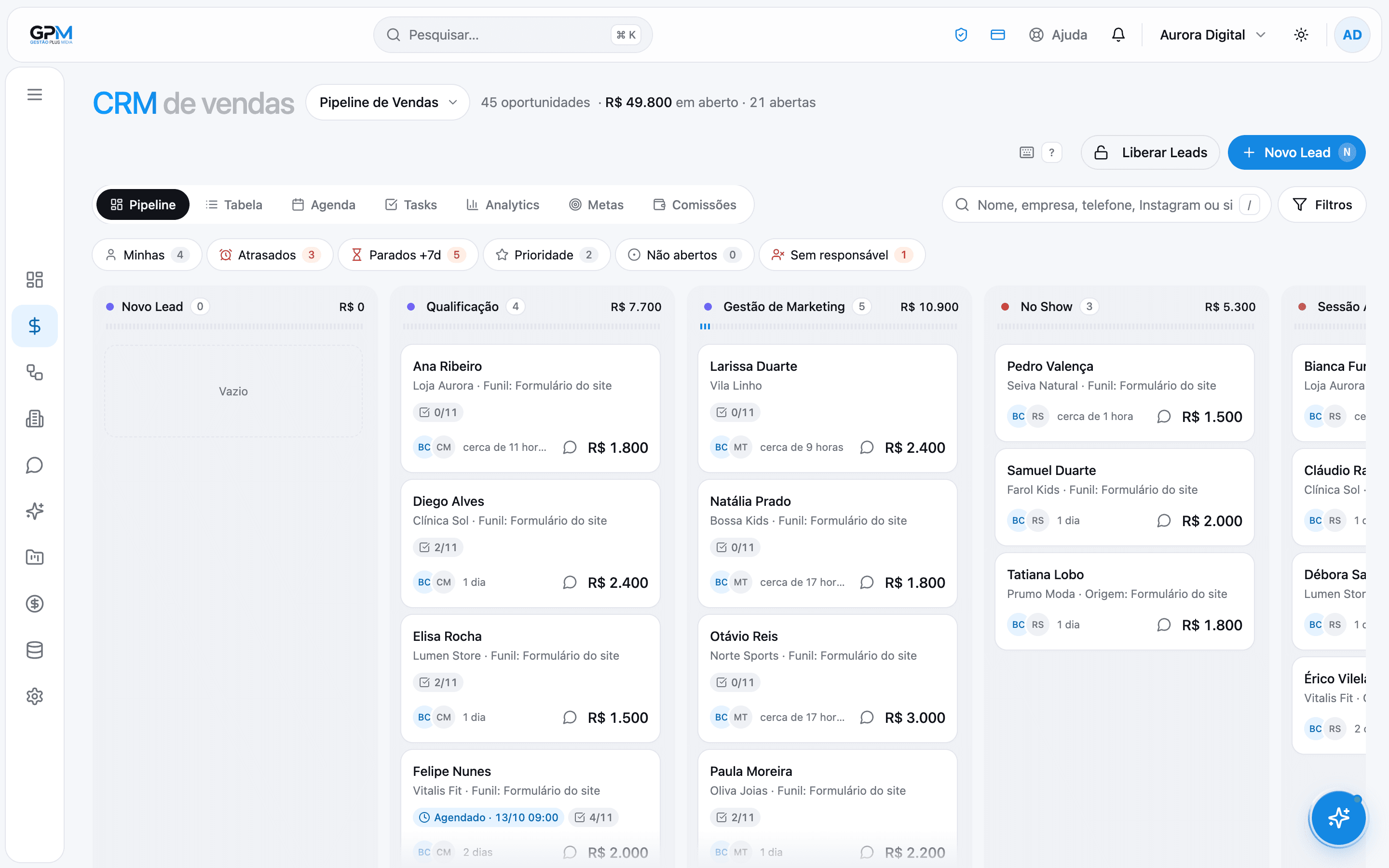 CRM de vendas do GPM em kanban, com dados fictícios